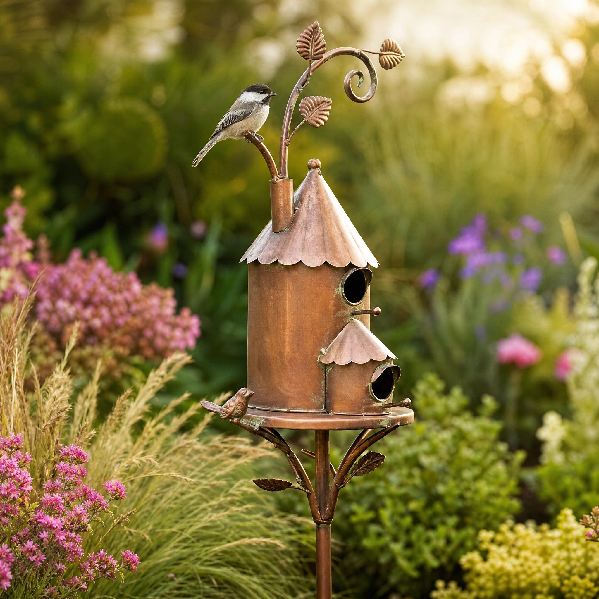 Rustic Metal Birdhouse Garden Stake with Decorative Birds and Leaf Design