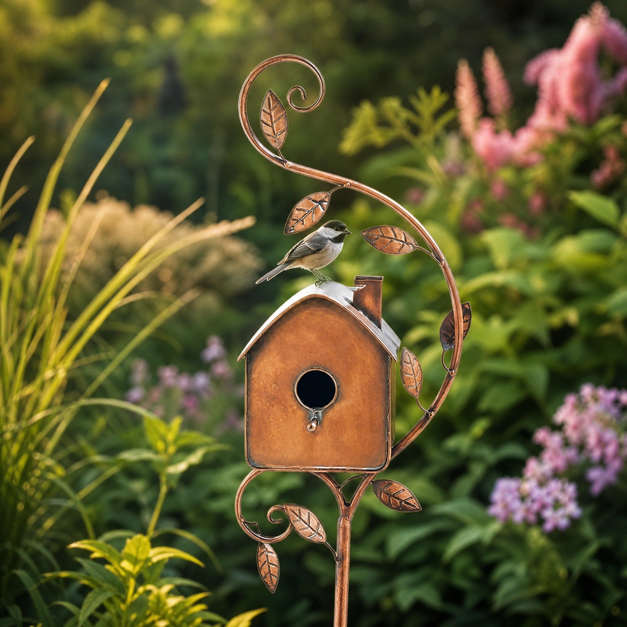 Rustic Metal Birdhouse Garden Stake with Decorative Birds and Leaf Design