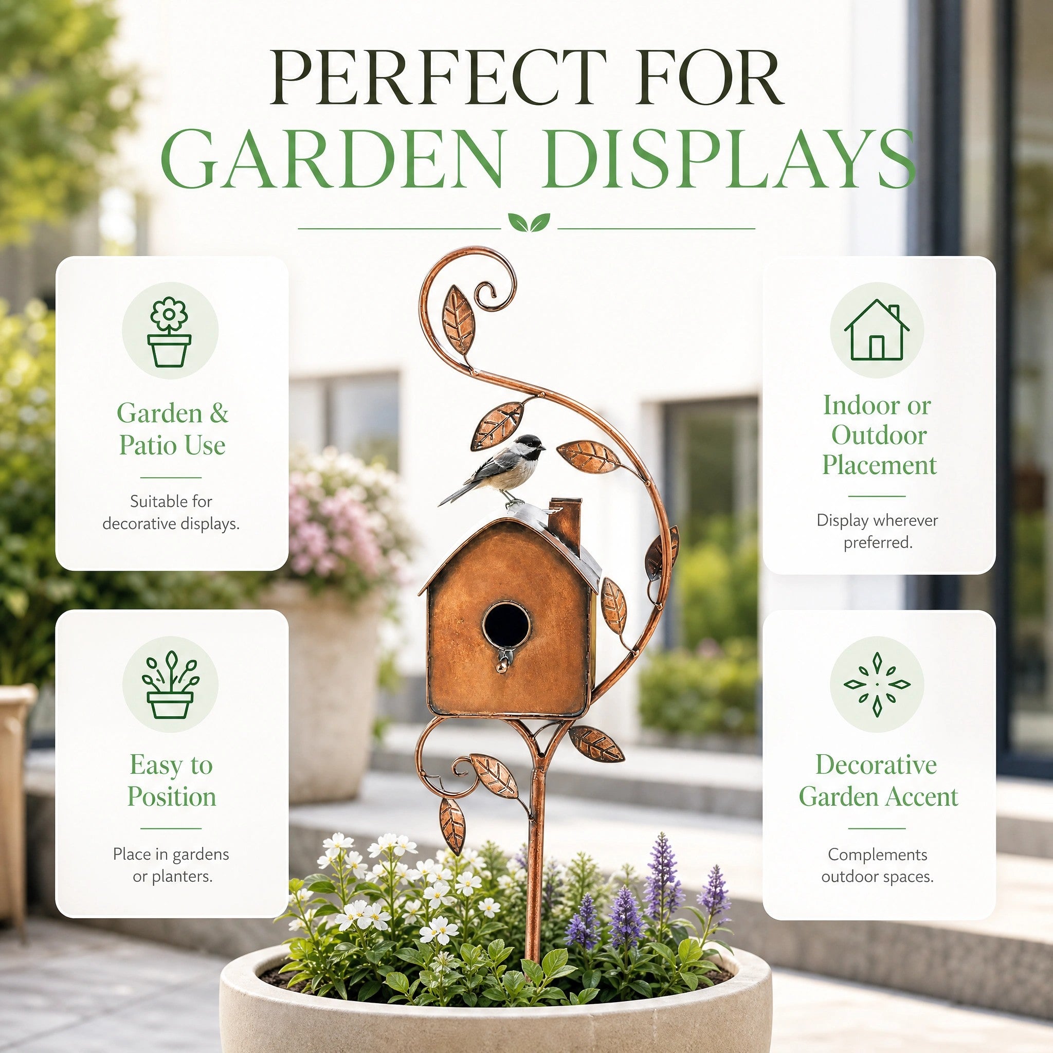Rustic Metal Birdhouse Garden Stake with Decorative Birds and Leaf Design