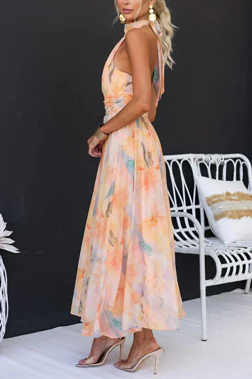 Women's Artful Watercolour Maxi Dress | Flowing Halter Neck Summer Gown 4