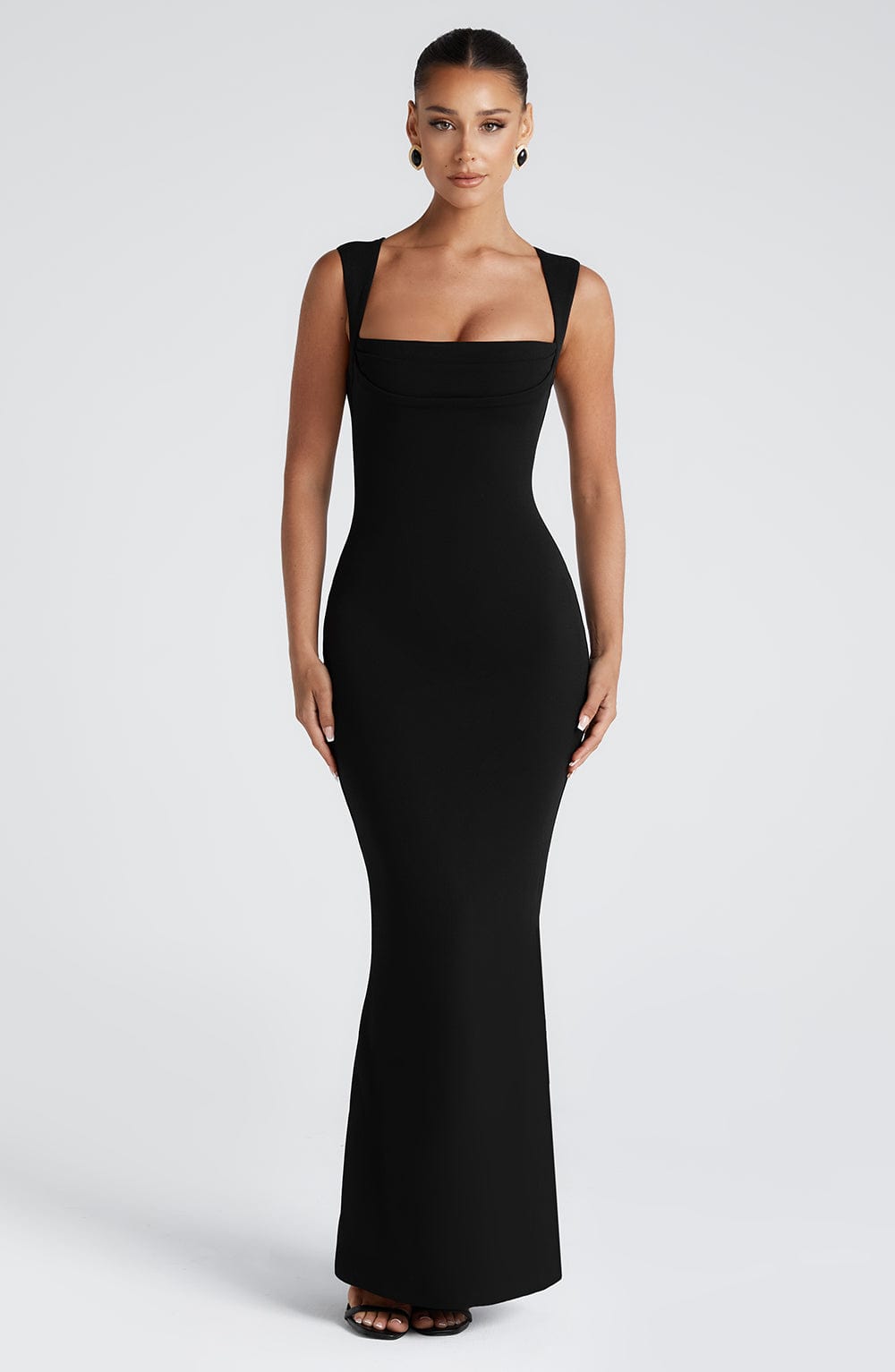 Women's Black Bodycon Maxi Dress | Sculpted Square Neck Formal Gown 4