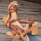 Womens Braided Leather Block Heel Sandals | Stylish Ankle Strap Summer Shoes 5