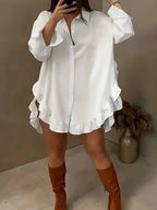 Women's Breathable Fabric Button Front Blouse | Relaxed Oversized Summer Top with Cascading Ruffle Trim 2