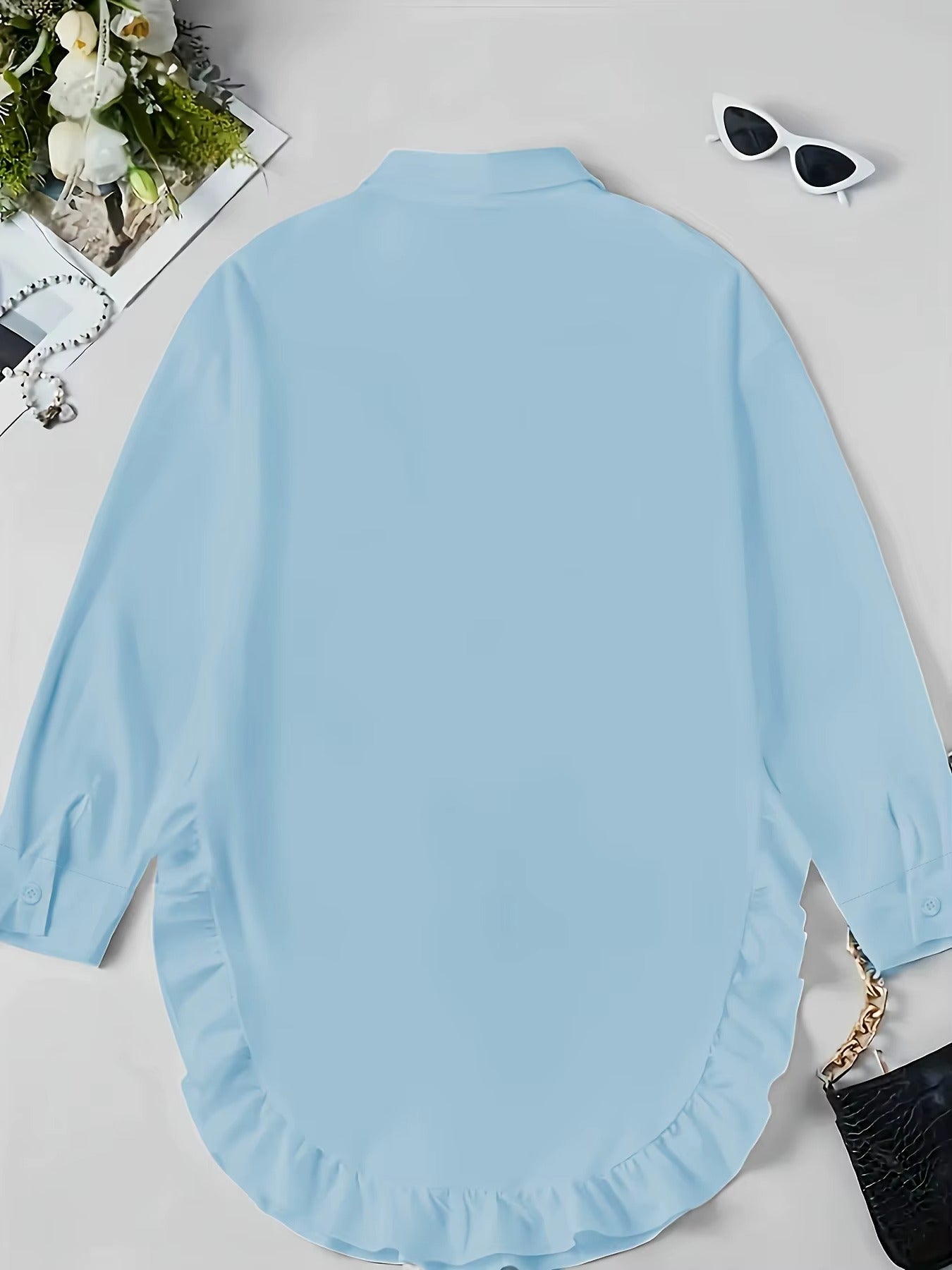 Women's Breathable Fabric Button Front Blouse | Relaxed Oversized Summer Top with Cascading Ruffle Trim 8