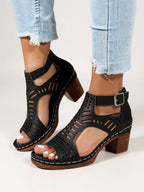 Womens Breathable Leather Sandals | Elegant Block Heel Cutout Design 1
