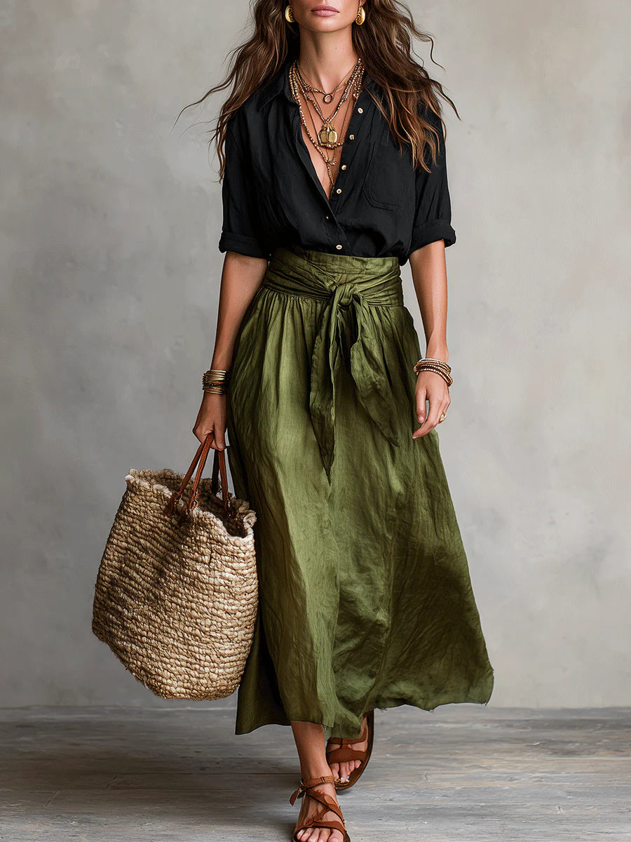 Women's Cotton Blend Two-Piece Set | Stylish Long Sleeve Top and Midi Skirt 0