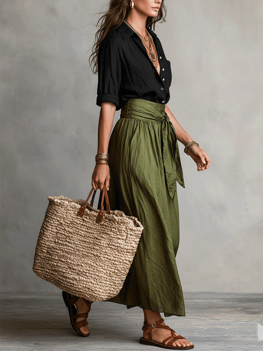 Women's Cotton Blend Two-Piece Set | Stylish Long Sleeve Top and Midi Skirt 1