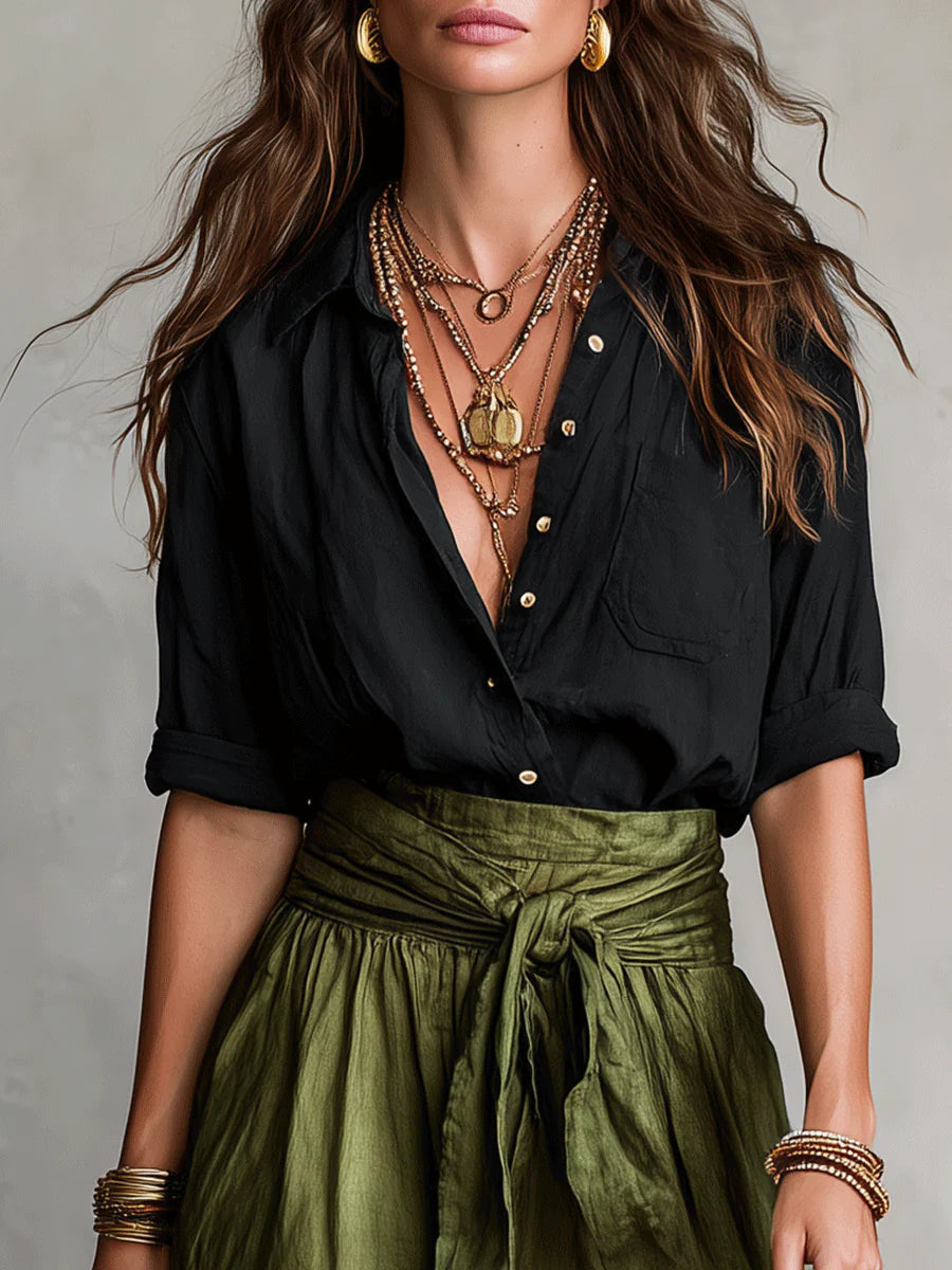 Women's Cotton Blend Two-Piece Set | Stylish Long Sleeve Top and Midi Skirt 3