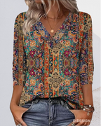 Women's Cotton Bohemian Print Blouse | Flowy Vintage V-Neck Summer Top 0