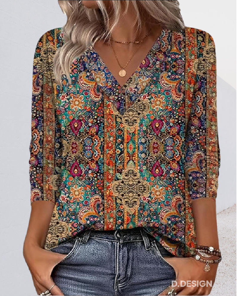 Women's Cotton Bohemian Print Blouse | Flowy Vintage V-Neck Summer Top 0