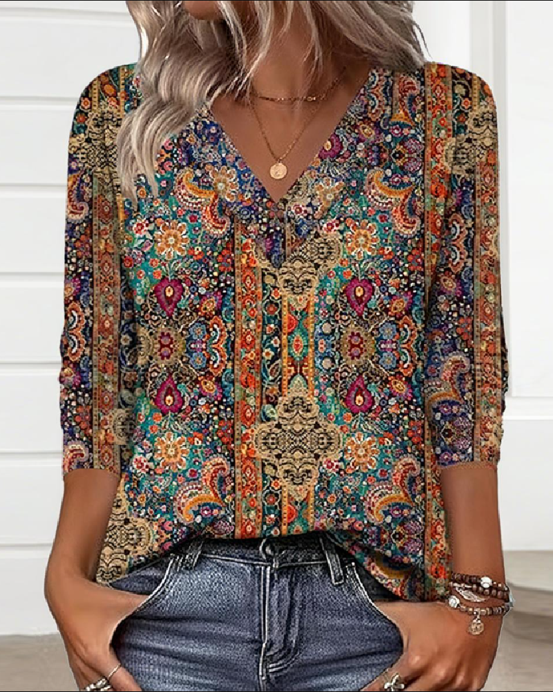 Women's Cotton Bohemian Print Blouse | Flowy Vintage V-Neck Summer Top 2