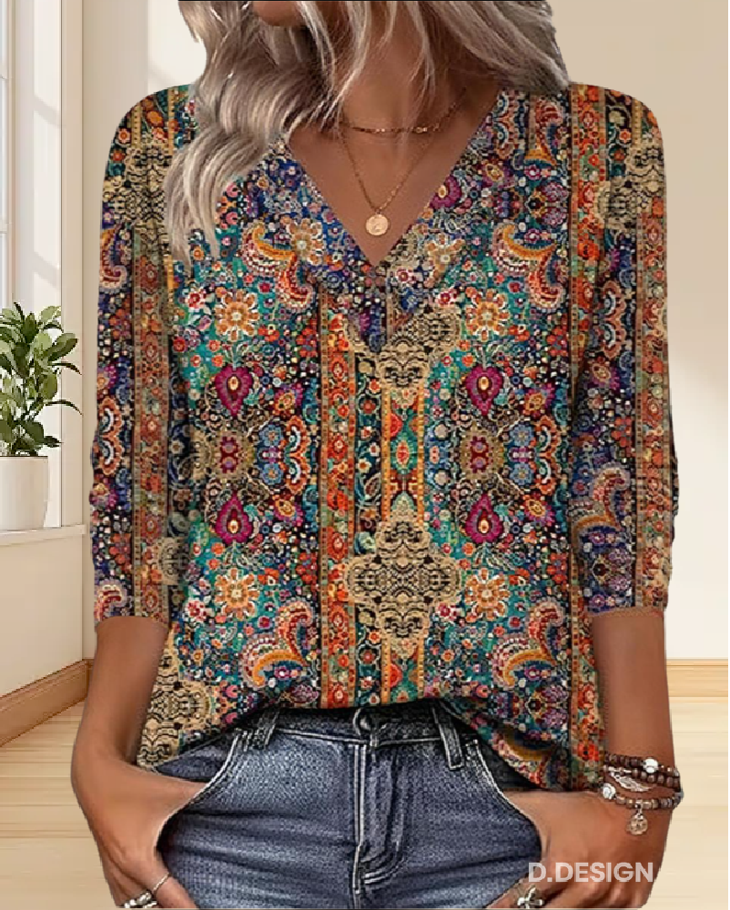Women's Cotton Bohemian Print Blouse | Flowy Vintage V-Neck Summer Top 3