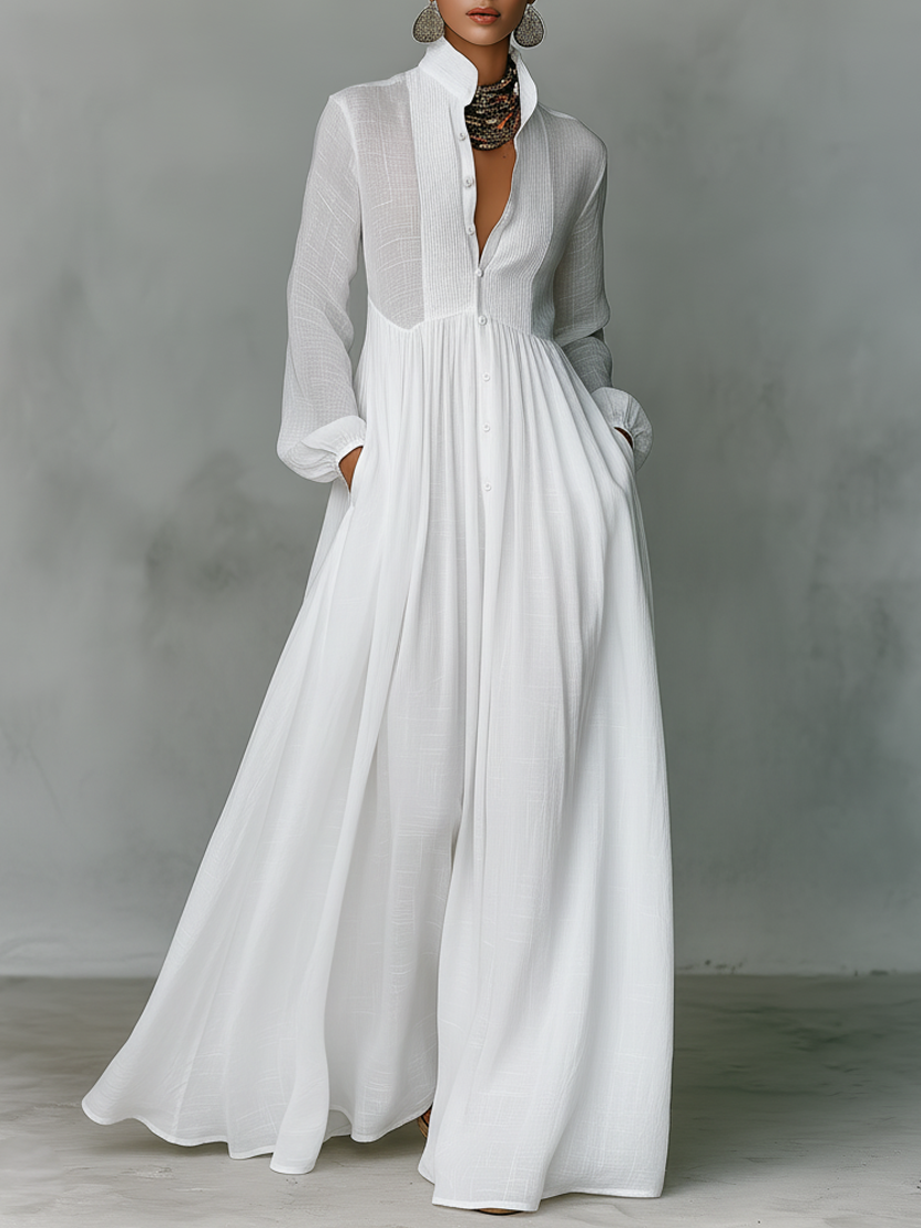 Women's Cotton Linen Maxi Dress | Elegant Patchwork Long Sleeve Spring Autumn Dress 0