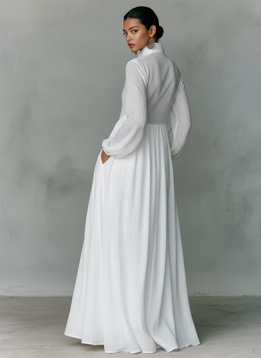 Women's Cotton Linen Maxi Dress | Elegant Patchwork Long Sleeve Spring Autumn Dress 1