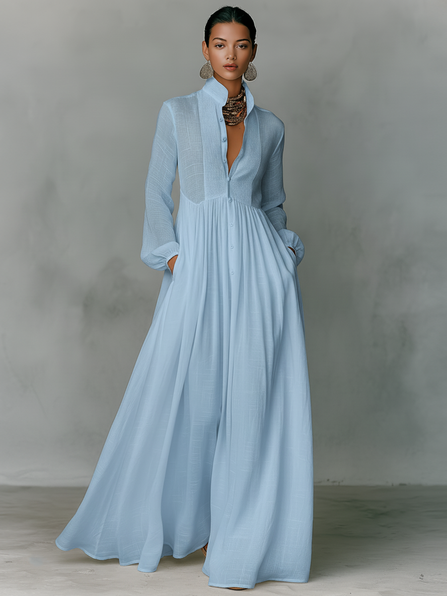 Women's Cotton Linen Maxi Dress | Elegant Patchwork Long Sleeve Spring Autumn Dress 2