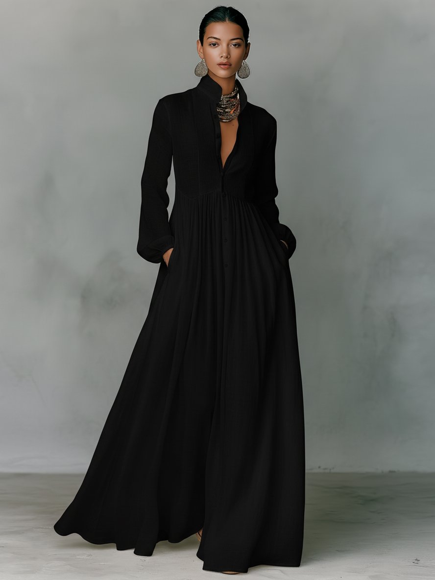Women's Cotton Linen Maxi Dress | Elegant Patchwork Long Sleeve Spring Autumn Dress 3