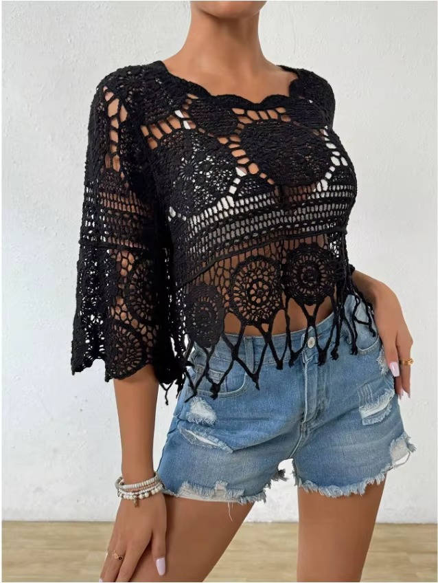 Women's Crochet Lace Beach Cover Up | Lightweight Boho Swimsuit Layering Top 5
