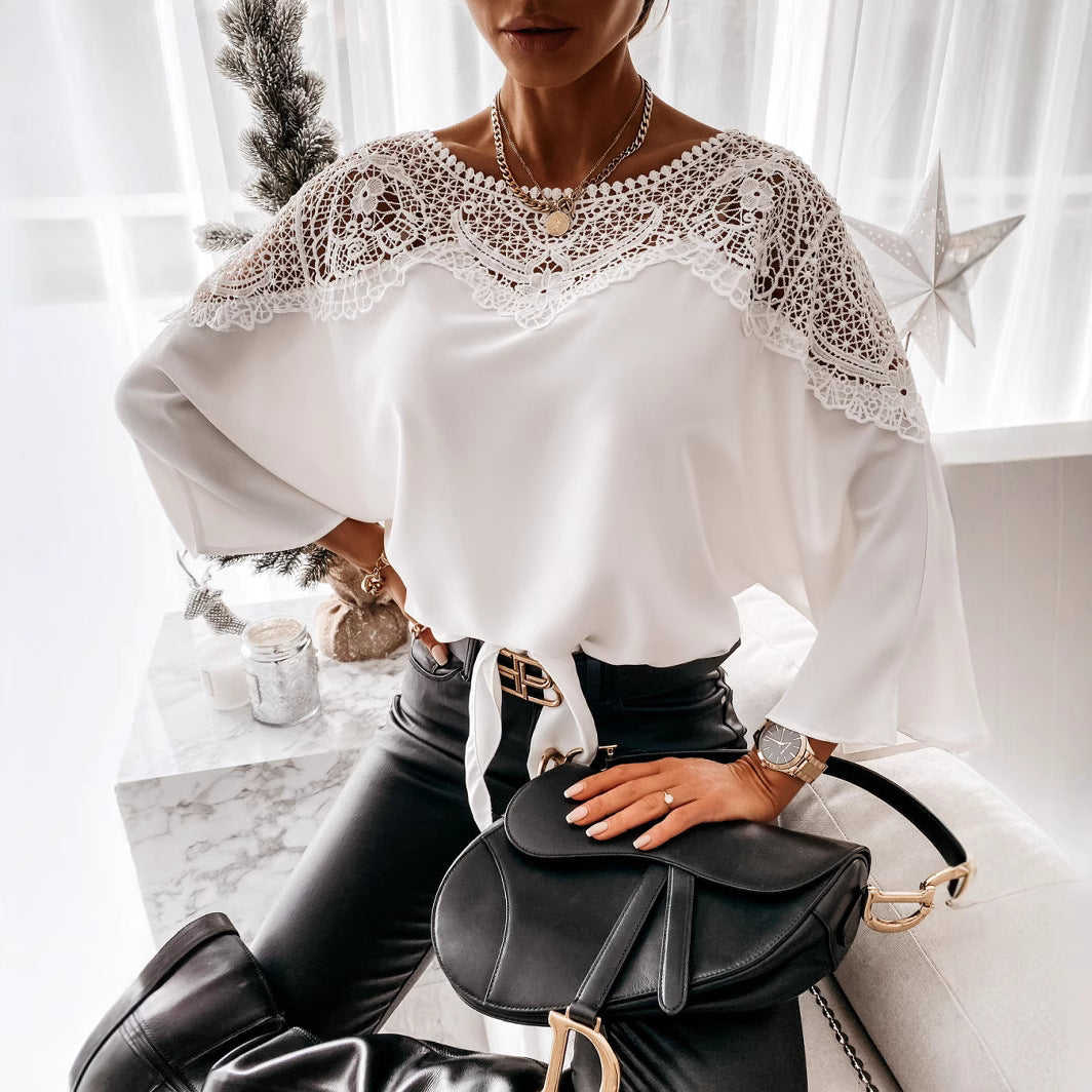 Womens Elegant Lace Blouse | Stylish Long Sleeve Top with Flared Cuffs 2
