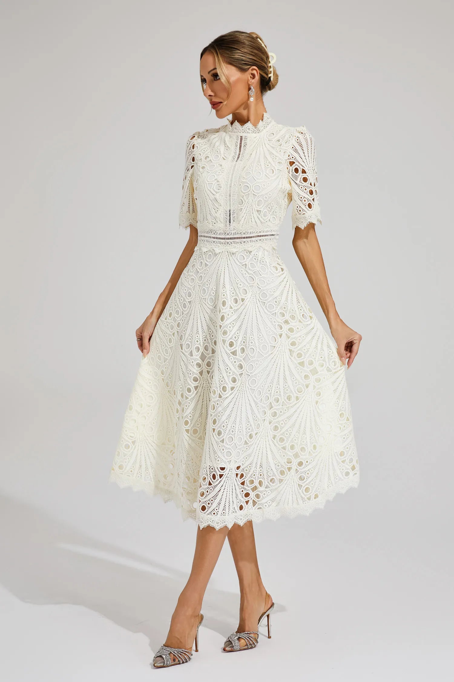 Women's Elegant Lace Midi Dress | High Neck Flared Summer Cocktail Dress 1