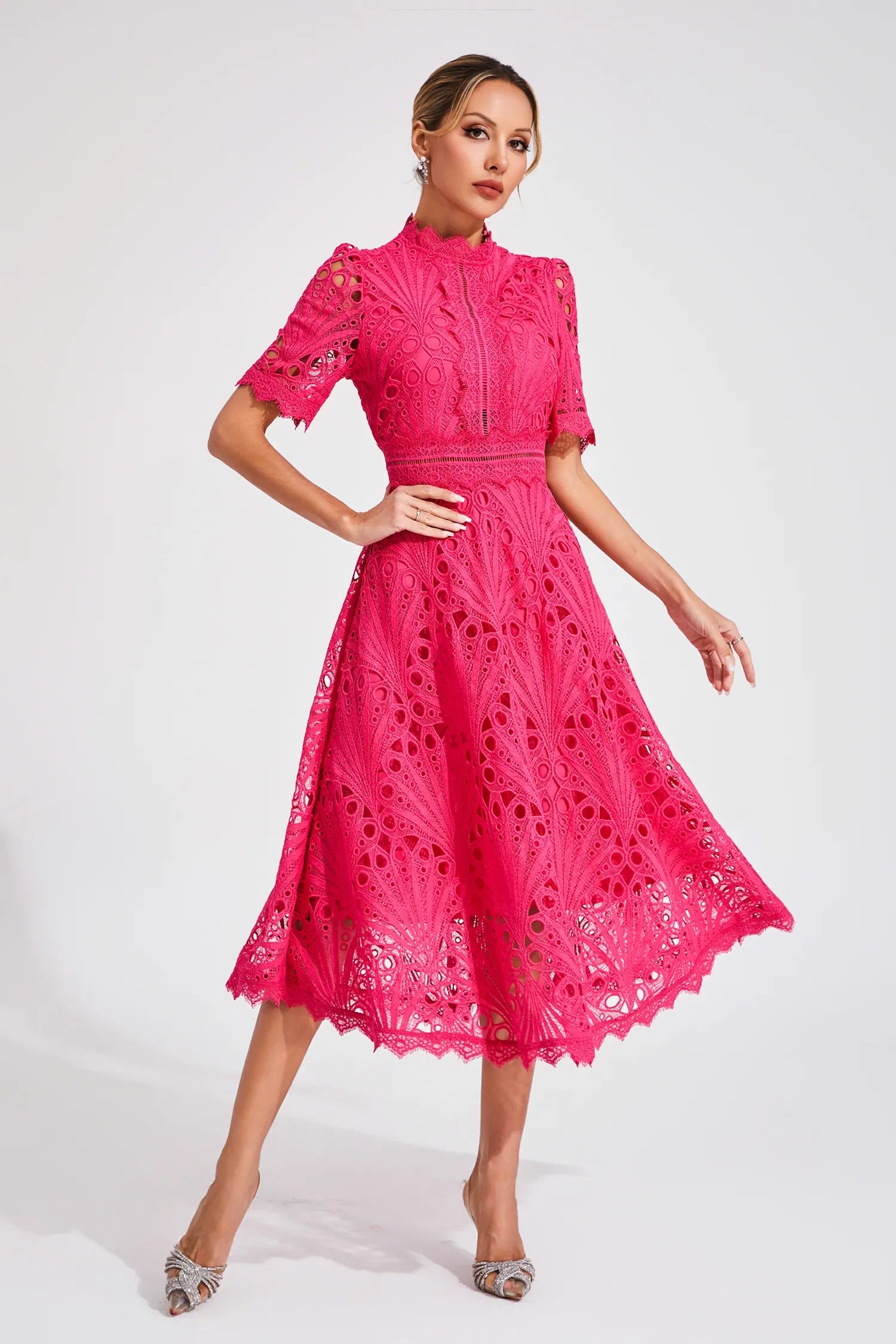 Women's Elegant Lace Midi Dress | High Neck Flared Summer Cocktail Dress 5