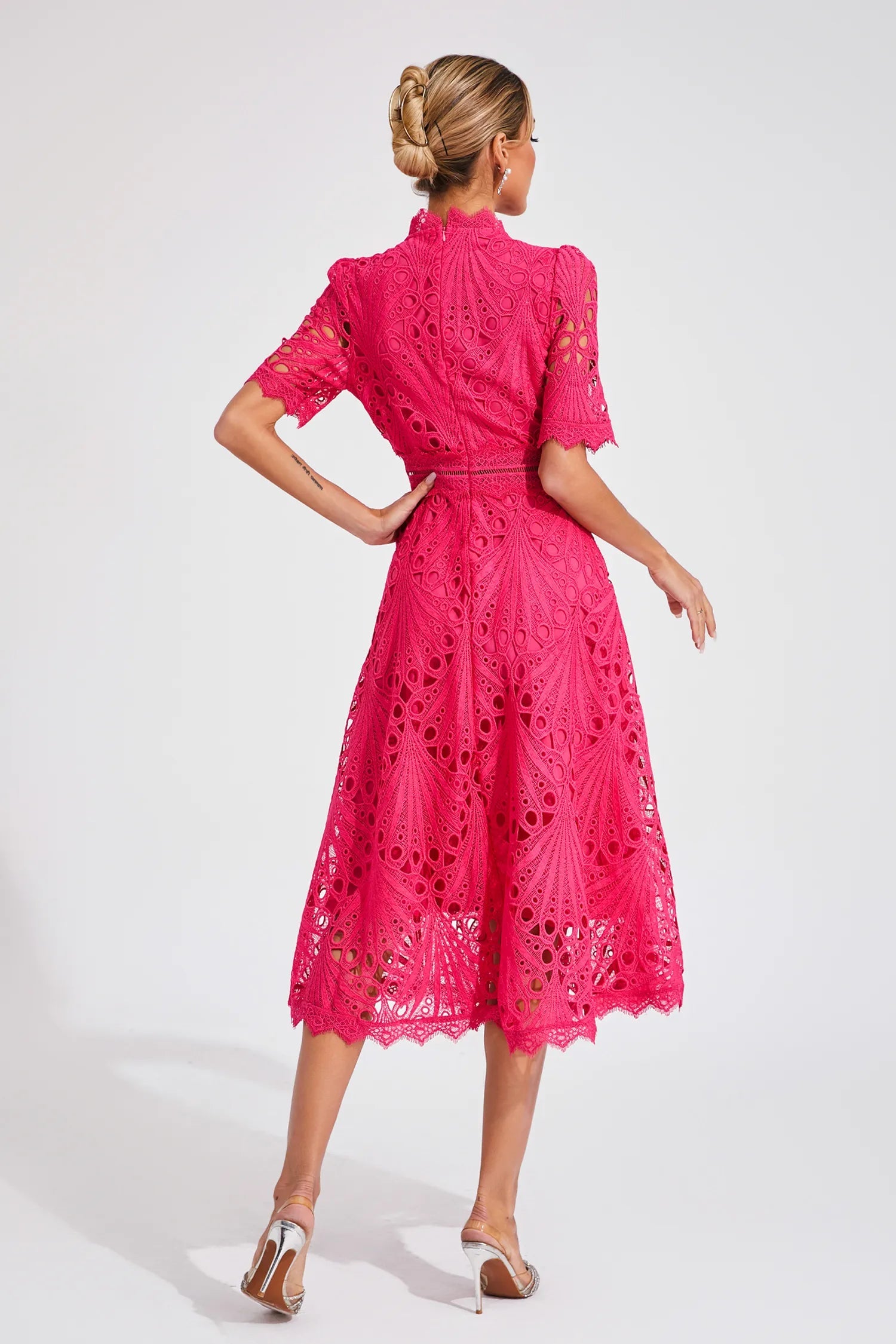 Women's Elegant Lace Midi Dress | High Neck Flared Summer Cocktail Dress 8