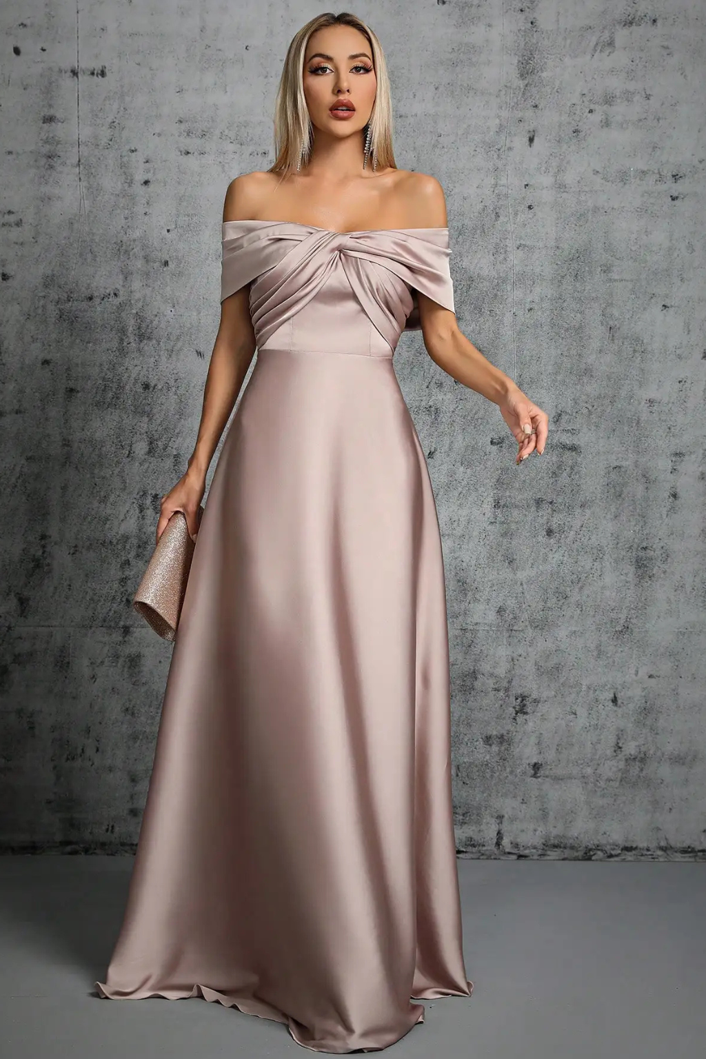 Womens Elegant Satin Maxi Dress | Off-Shoulder Twisted Knot Formal Gown 2