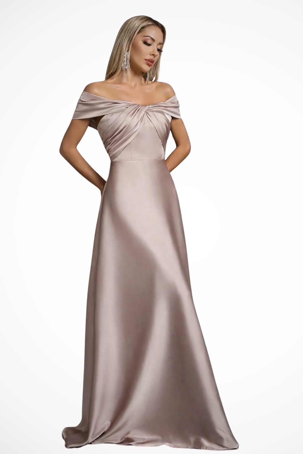 Womens Elegant Satin Maxi Dress | Off-Shoulder Twisted Knot Formal Gown 5