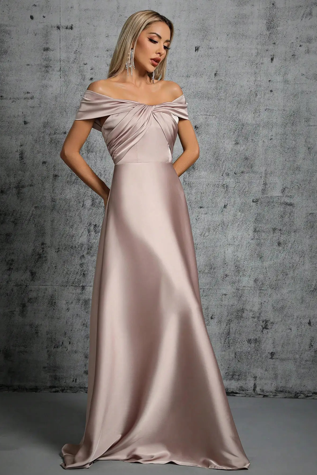 Womens Elegant Satin Maxi Dress | Off-Shoulder Twisted Knot Formal Gown 6
