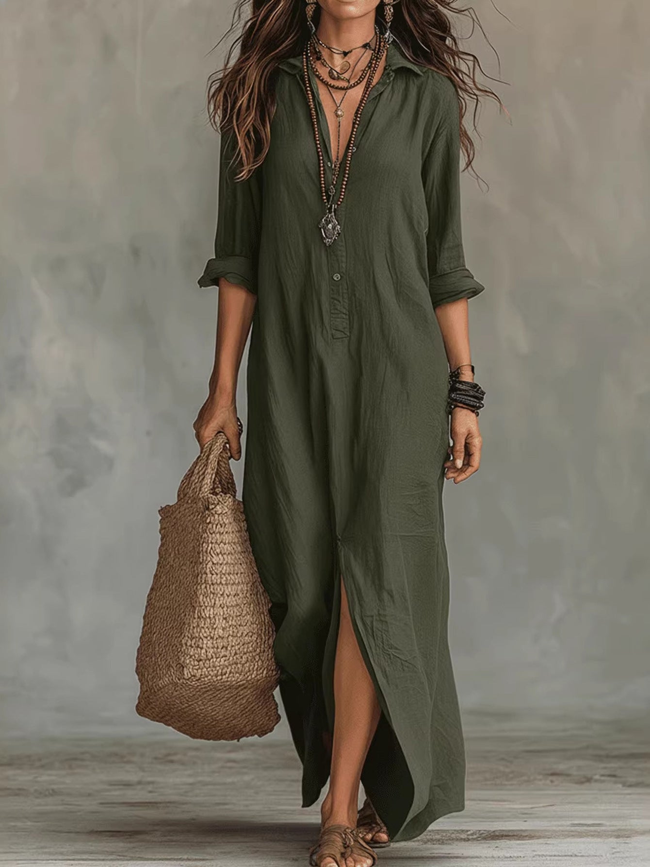 Vestido largo elegante de algodón para mujer | Vestido clásico de camisa de manga larga con abertura frontal
