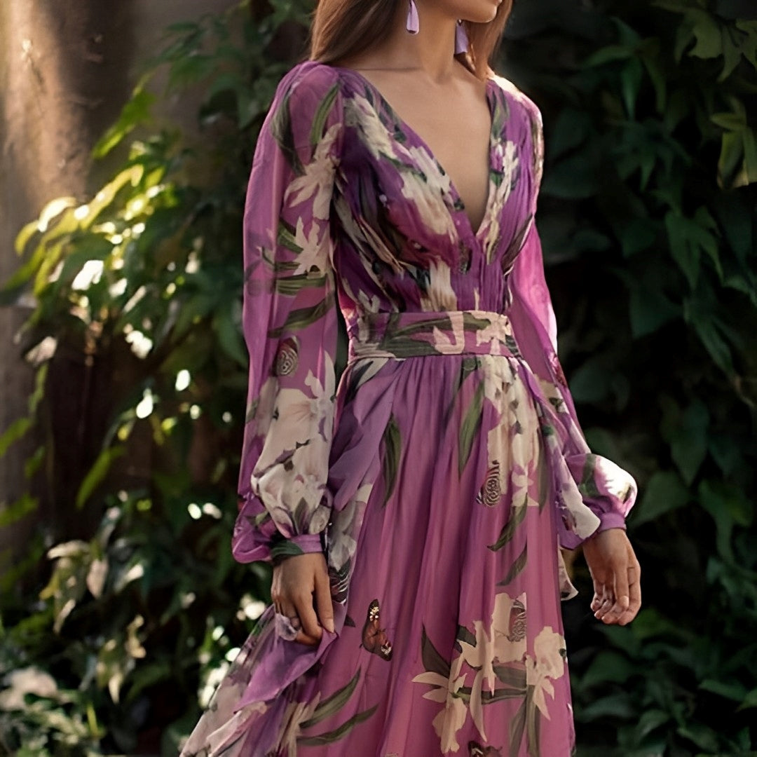 Women's Floral Chiffon Maxi Dress | Elegant Long Sleeve Summer Gown 2