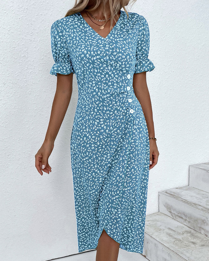 Women's Floral Cotton Wrap Dress | Adjustable V Neck Summer Midi 4