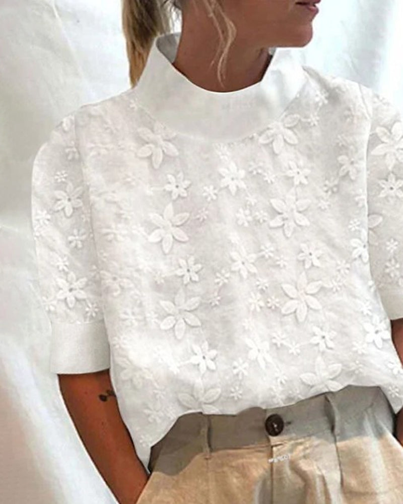 Women's Floral Embroidered Blouse | Structured Stand-Up Collar Top | Relaxed Fit Elegant Shirt 1