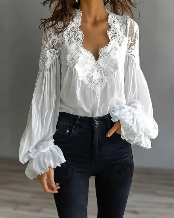 Women's Floral Lace Blouse | Elegant Soft Lantern Sleeve Summer Top 0