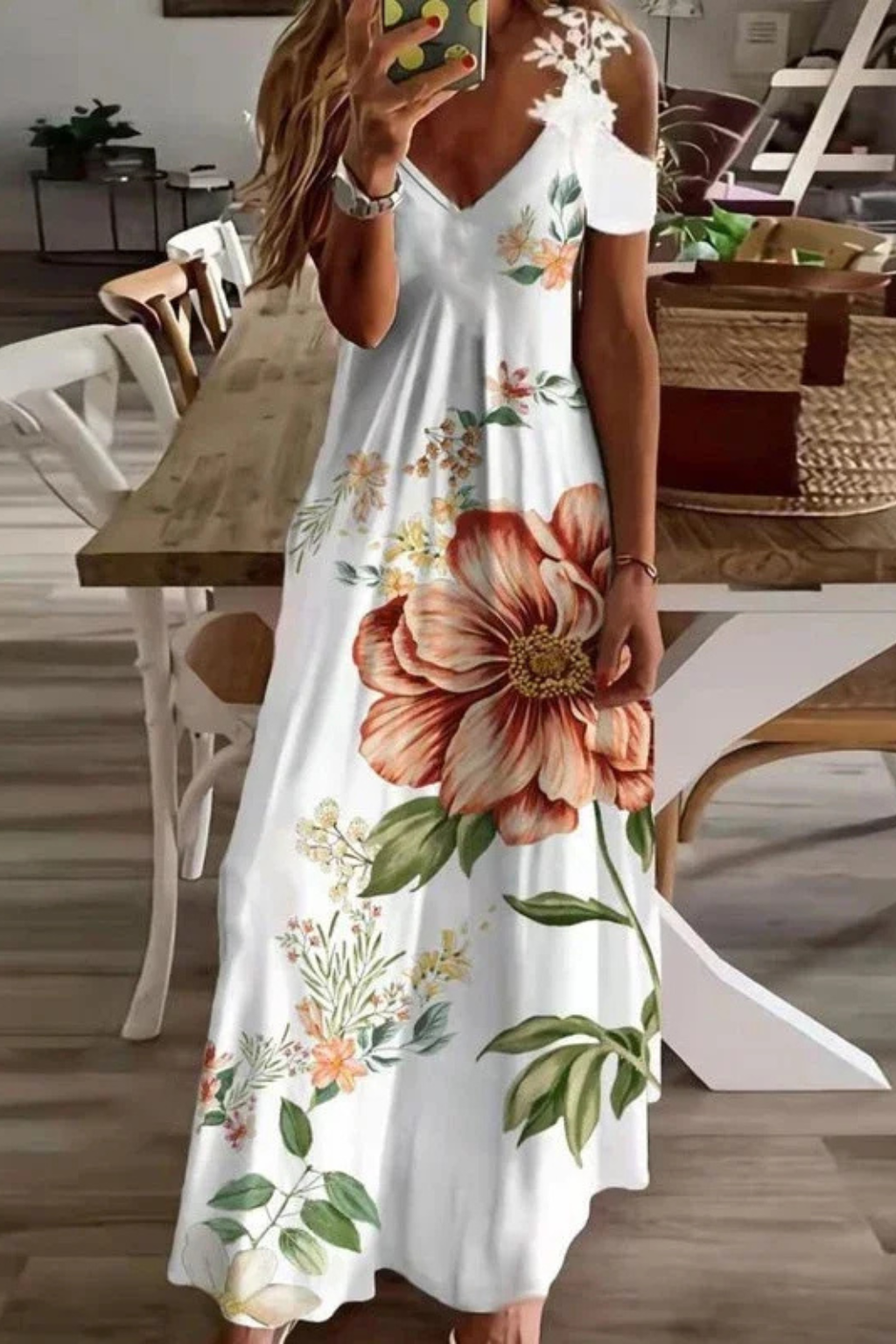 Womens Floral Print Maxi Dress | Elegant Cold-Shoulder Summer Gown 2