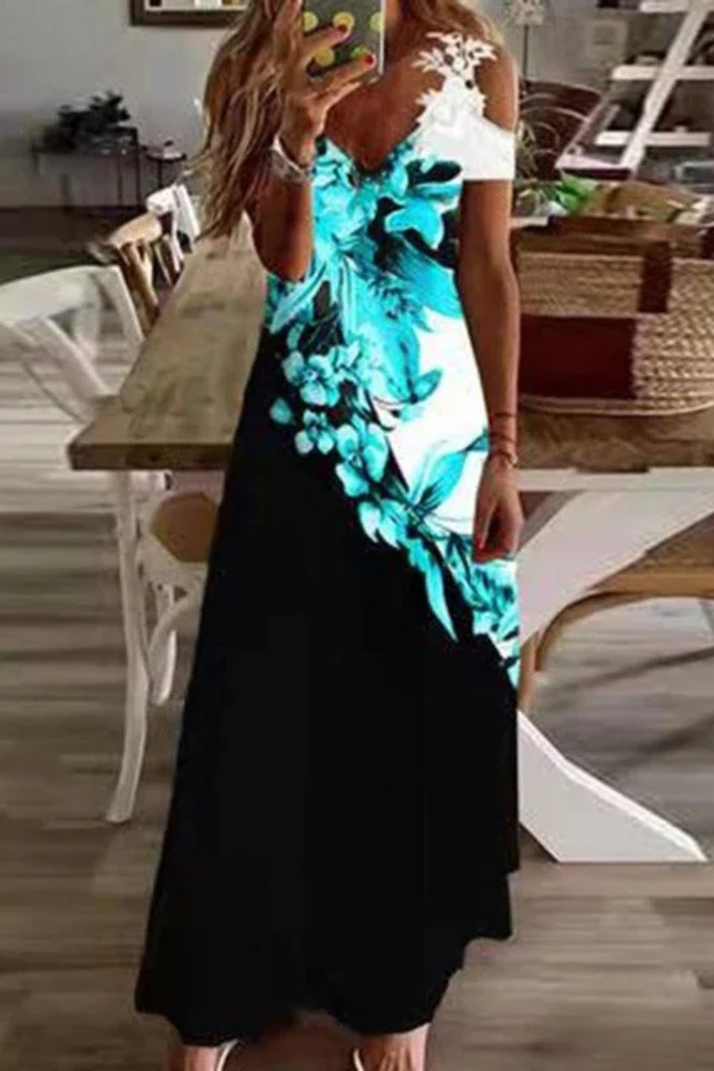 Womens Floral Print Maxi Dress | Elegant Cold-Shoulder Summer Gown 6