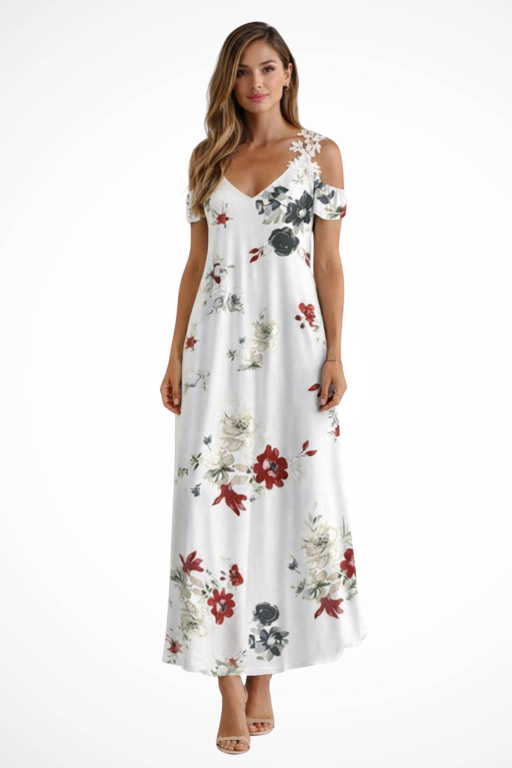Womens Floral Print Maxi Dress | Elegant Cold-Shoulder Summer Gown 7