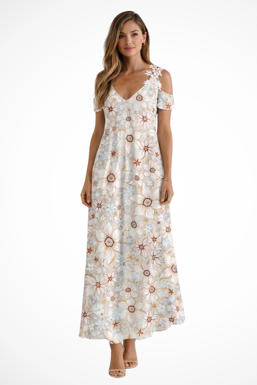 Womens Floral Print Maxi Dress | Elegant Cold-Shoulder Summer Gown 9
