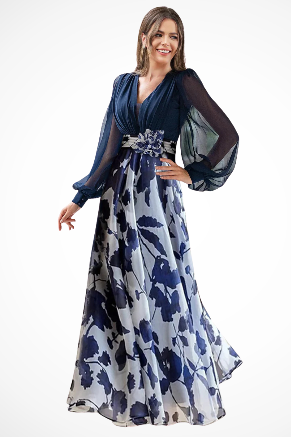 Women's Floral Print Maxi Dress | Fitted Bodice Balloon Sleeves 0