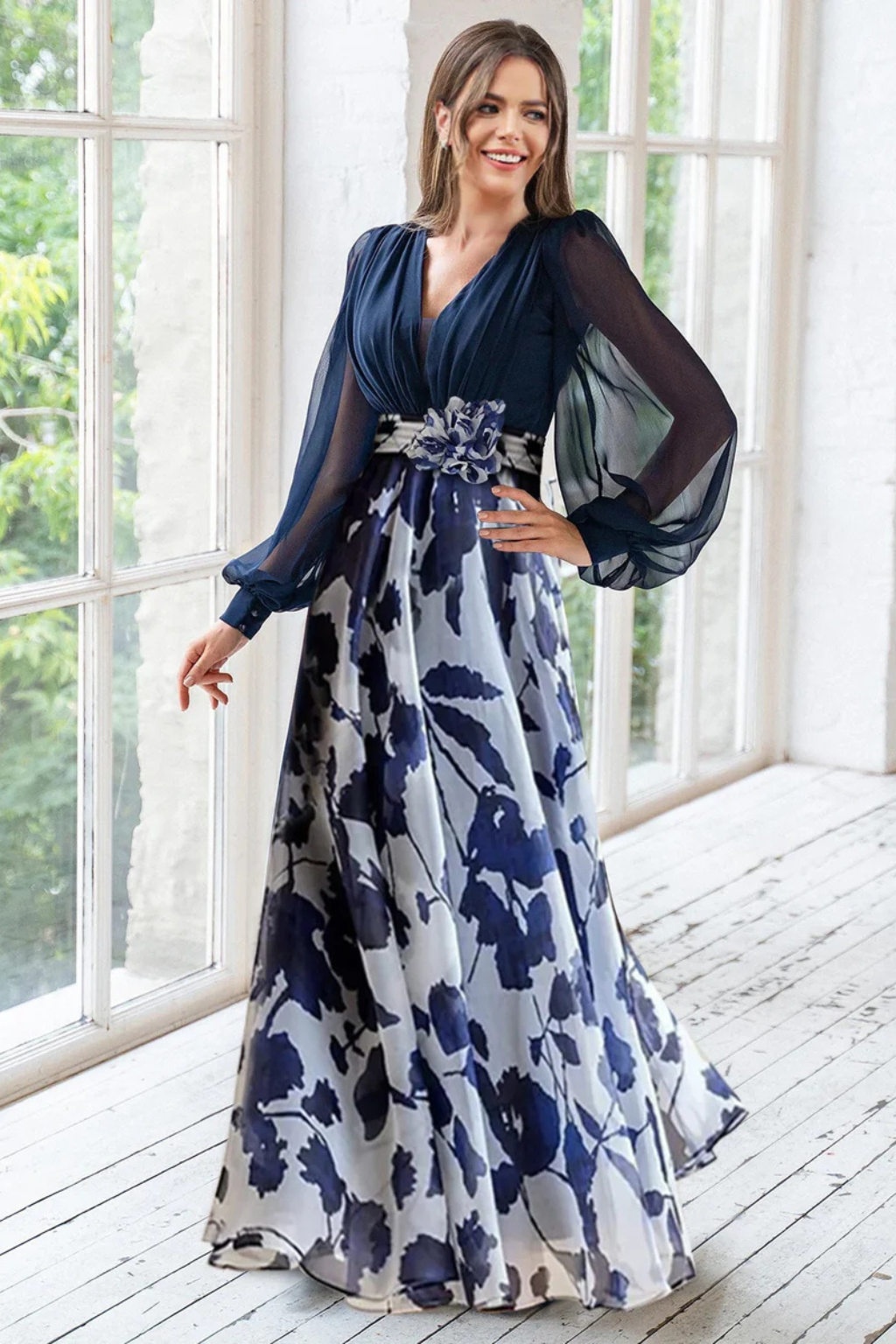 Women's Floral Print Maxi Dress | Fitted Bodice Balloon Sleeves 1