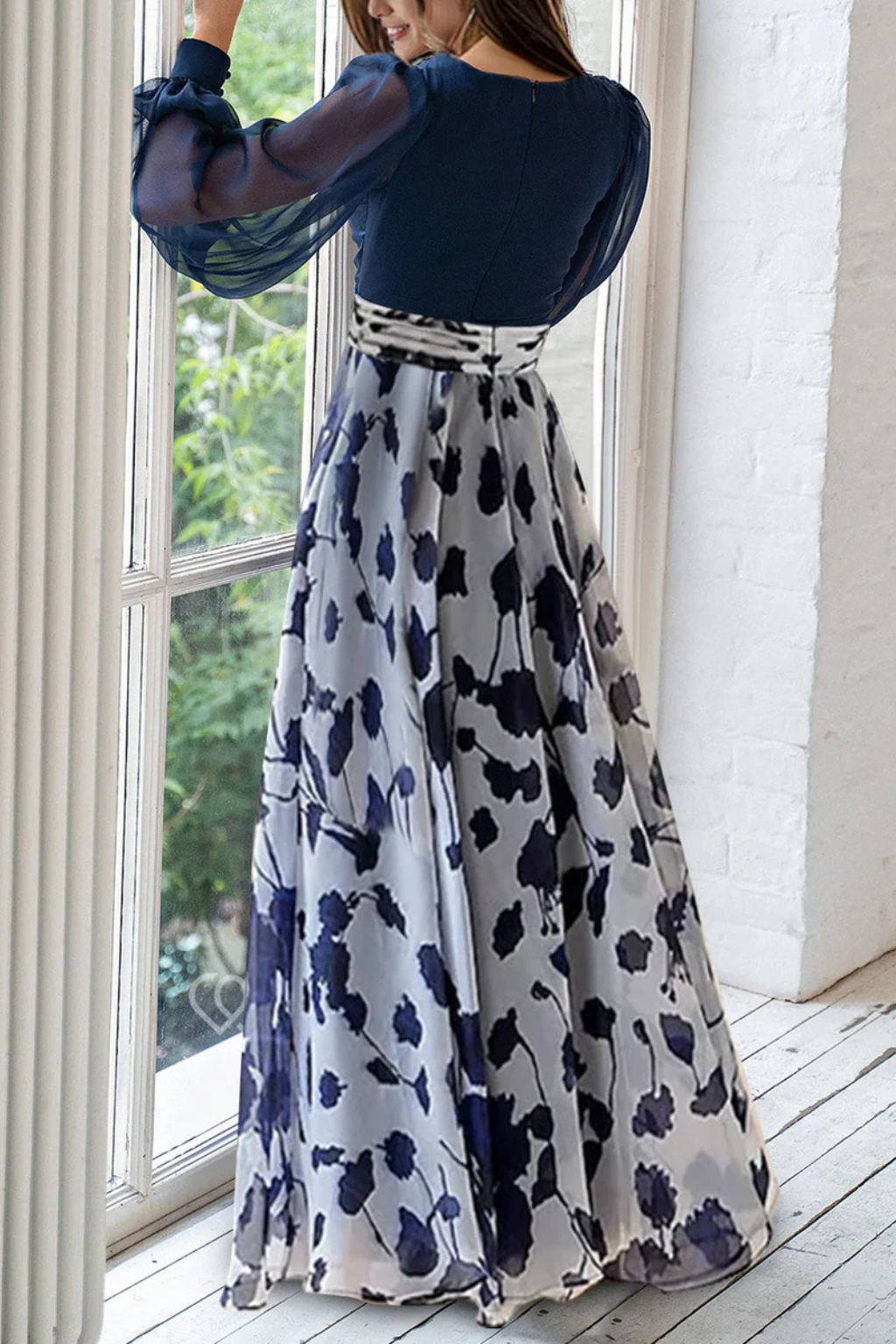 Women's Floral Print Maxi Dress | Fitted Bodice Balloon Sleeves 2