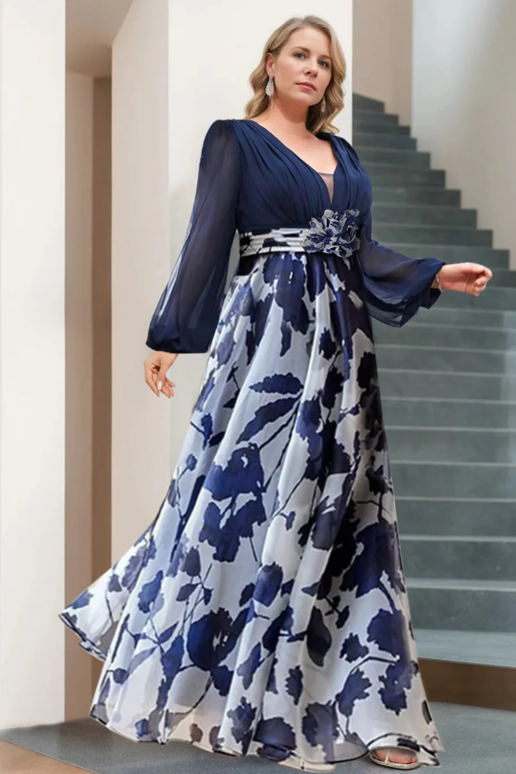 Women's Floral Print Maxi Dress | Fitted Bodice Balloon Sleeves 4