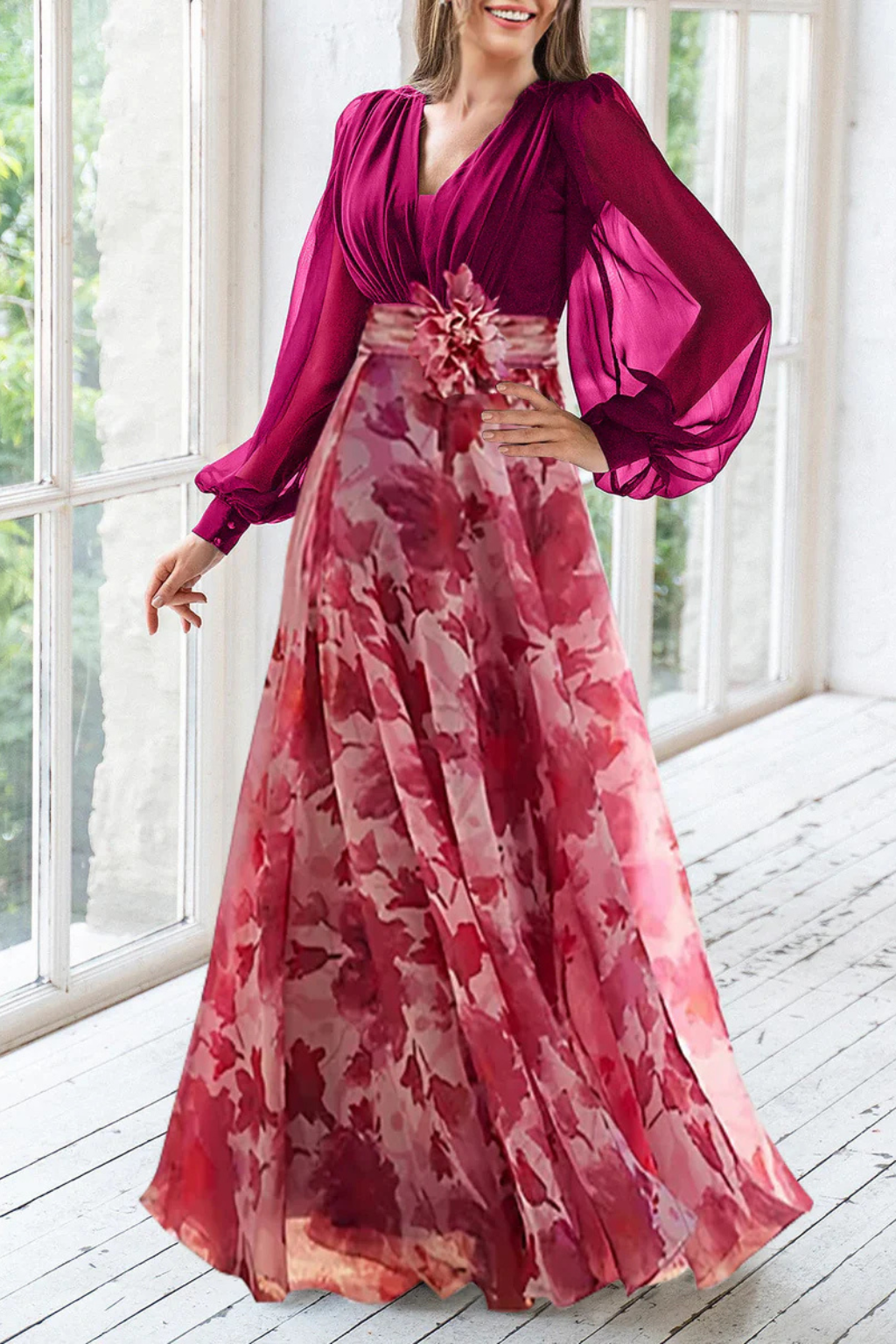 Women's Floral Print Maxi Dress | Fitted Bodice Balloon Sleeves 6