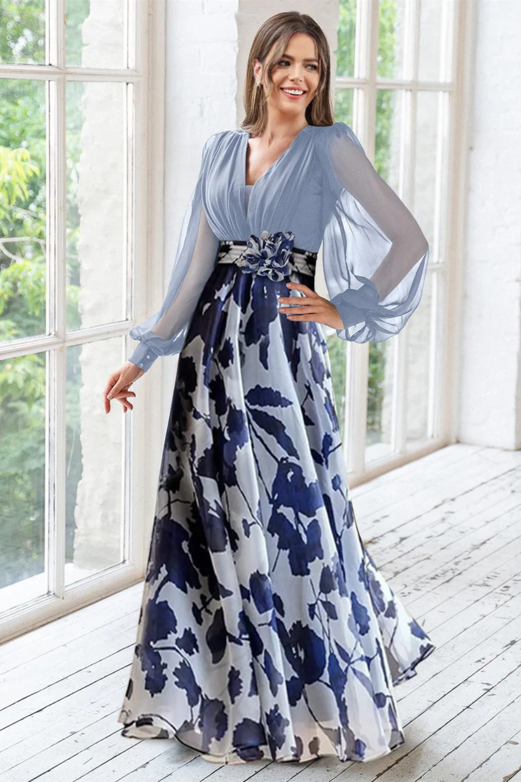 Women's Floral Print Maxi Dress | Fitted Bodice Balloon Sleeves 8