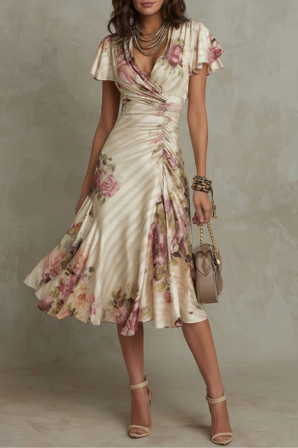 Women's Floral Satin Midi Dress | Elegant A-Line Summer Cocktail Dress 0