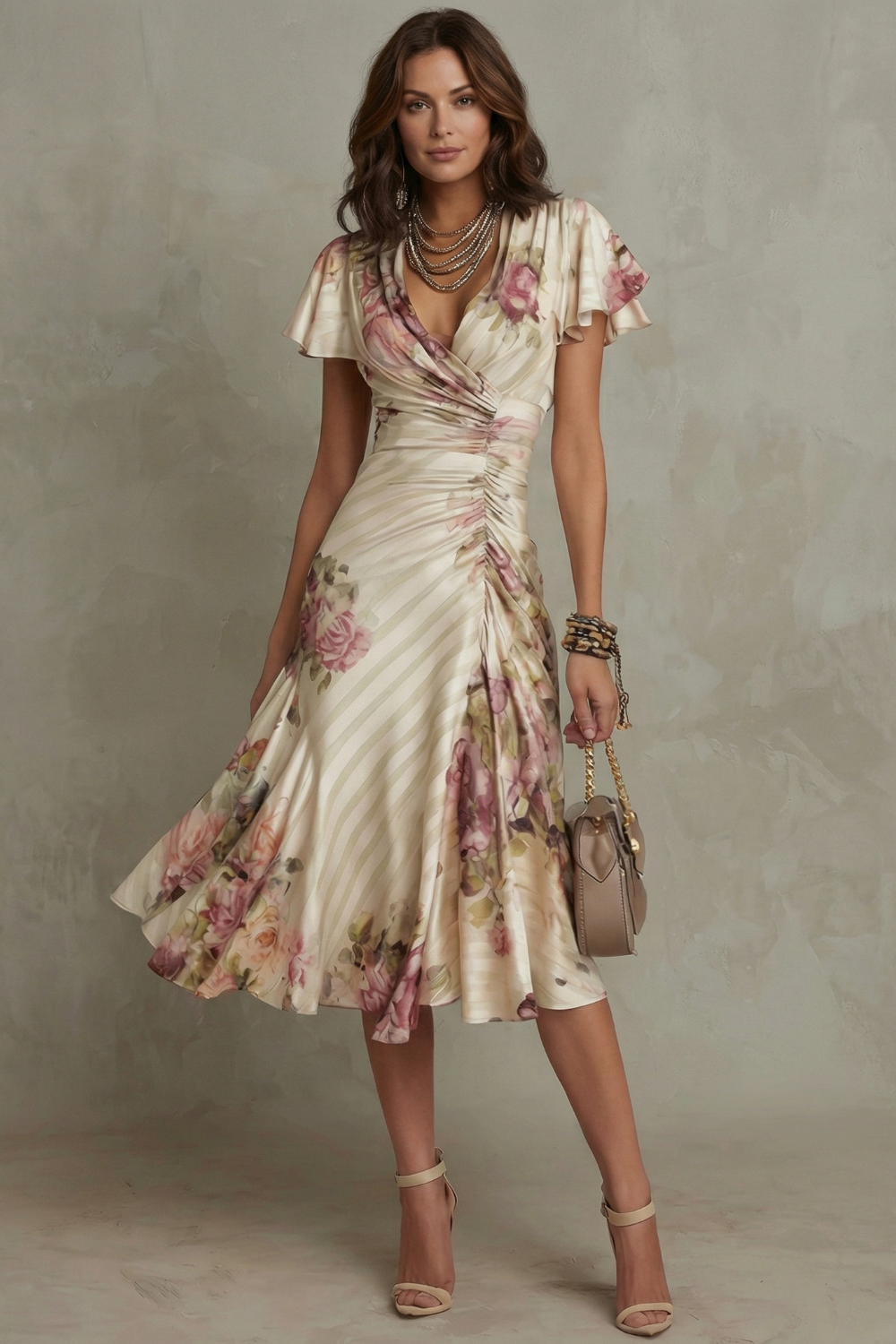 Women's Floral Satin Midi Dress | Elegant A-Line Summer Cocktail Dress 1