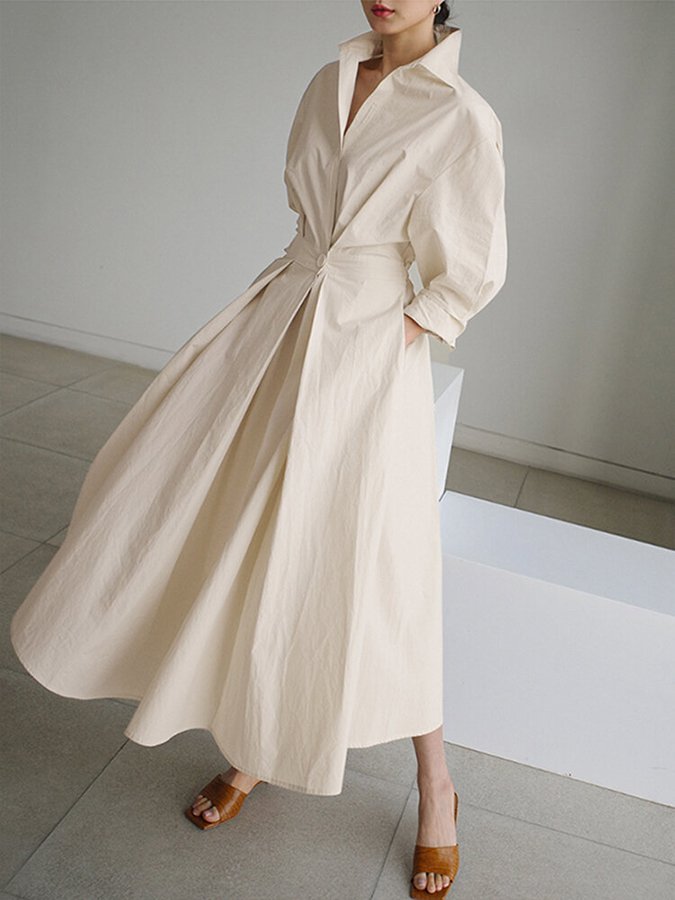 Women's Flowing Cotton Summer Dress | Elegant Collared Shirt Style with Self-Tie Belt 1