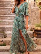 Women's Flowing Polyester Maxi Dress | Elegant V-Neck Split Hem Summer Dress 0