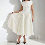 Women's Flowing Polyester Midi Dress | Elegant Cap Sleeve Fit and Flare Summer Dress 0