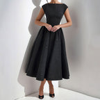 Women's Flowing Polyester Midi Dress | Elegant Cap Sleeve Fit and Flare Summer Dress 1