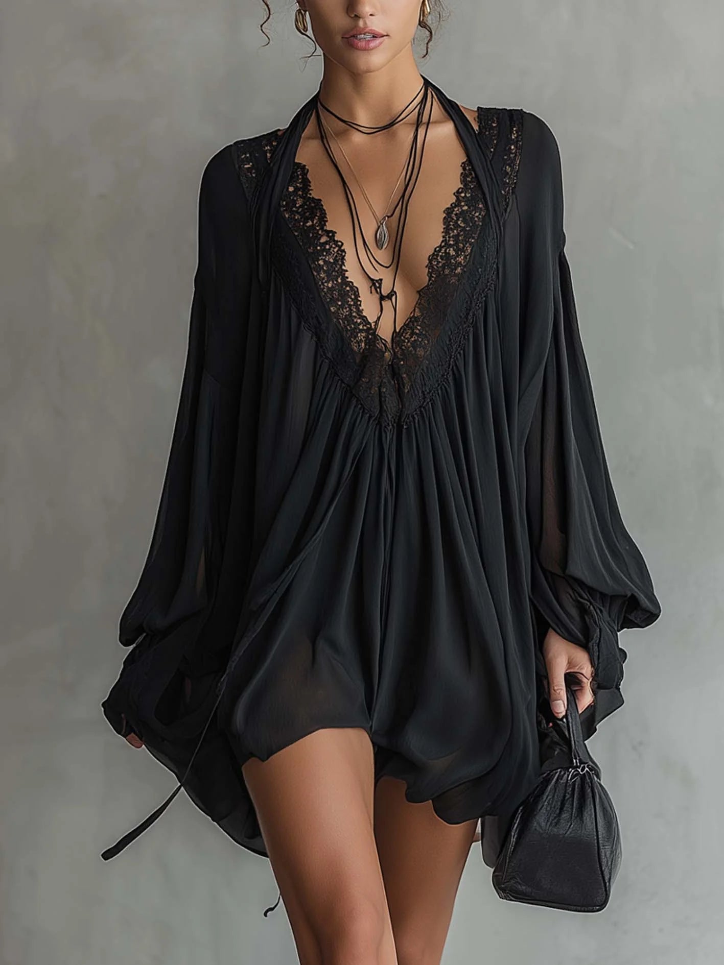 Women's Fluid Chiffon Mini Dress | Romantic Lace Neckline Cocktail Dress 0